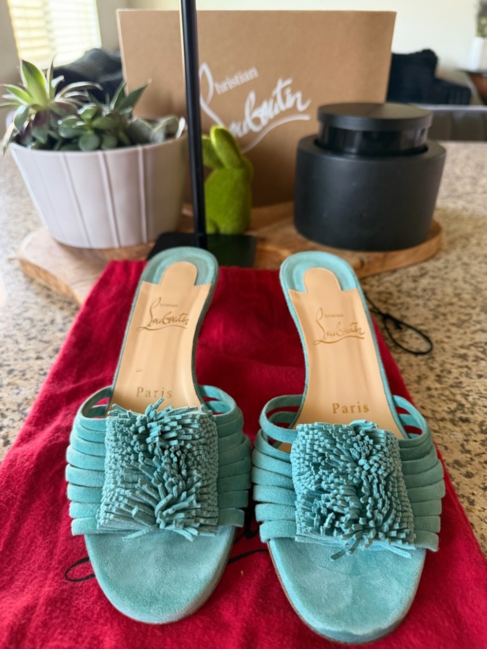 Christian Louboutin Teal Suede Fringe Mule Slides